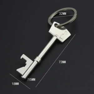 Silver zinc alloy bottle opener attached to a keychain