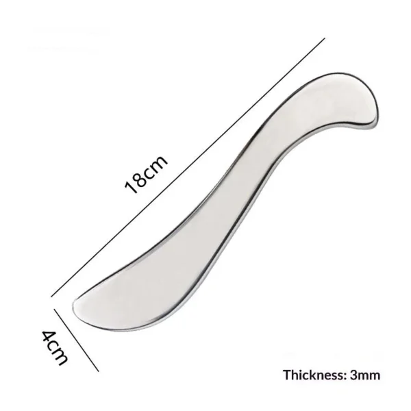 Ergonomic stainless steel gua sha massage tool on white background