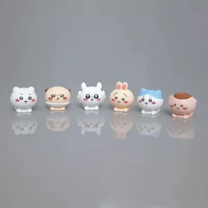 Set of six Chiikawa character figurines featuring Hachiware and Usagi in raincoats, lying down poses