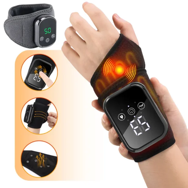 electric wrist massager wrapped around wrist showing heating and vibration features