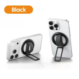 Black magnetic phone holder with 180 degree rotation and dual-sided grips supporting smartphone