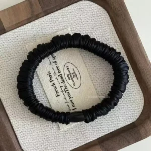 Korean-style black satin multi-layer hair tie with floral pattern