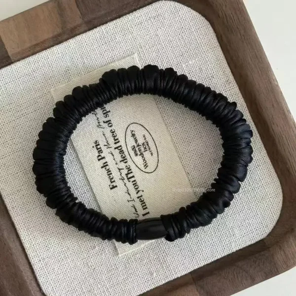 Korean-style black satin multi-layer hair tie with floral pattern
