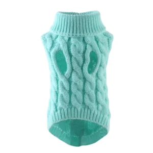 Small dog wearing a solid color twisted knit sweater for autumn and winter warmth